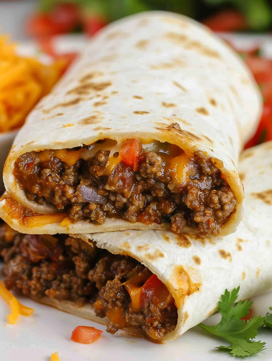 Close up of a beef burrito cut in half showing filling
