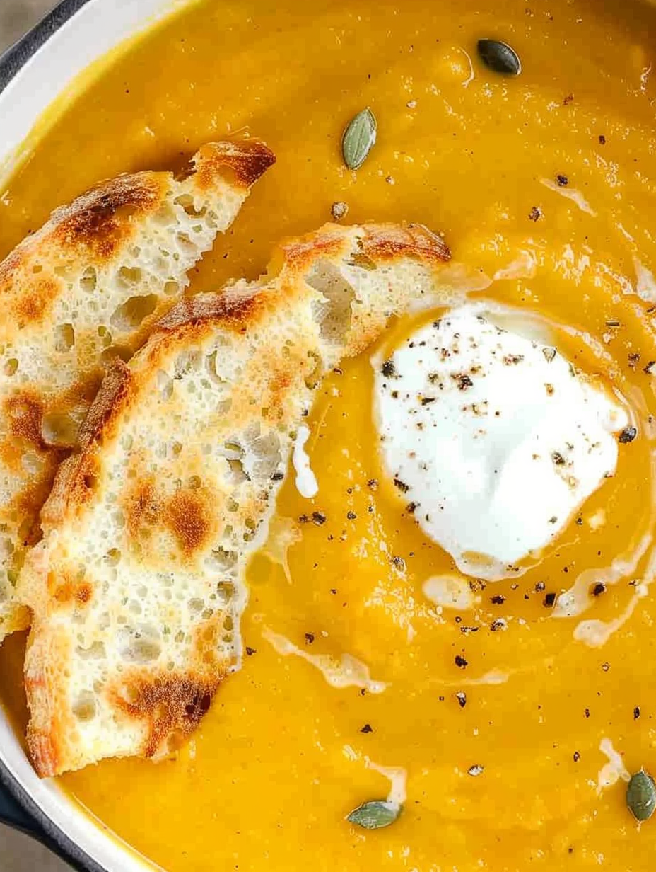Creamy bowl of butternut squash soup drizzled with cream
