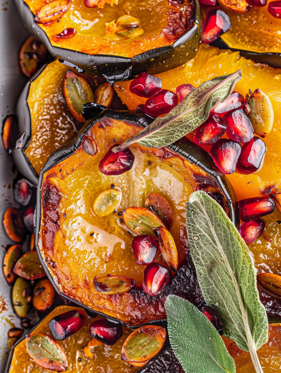 Close-up of glazed acorn squash with pomegranate and toasted sage