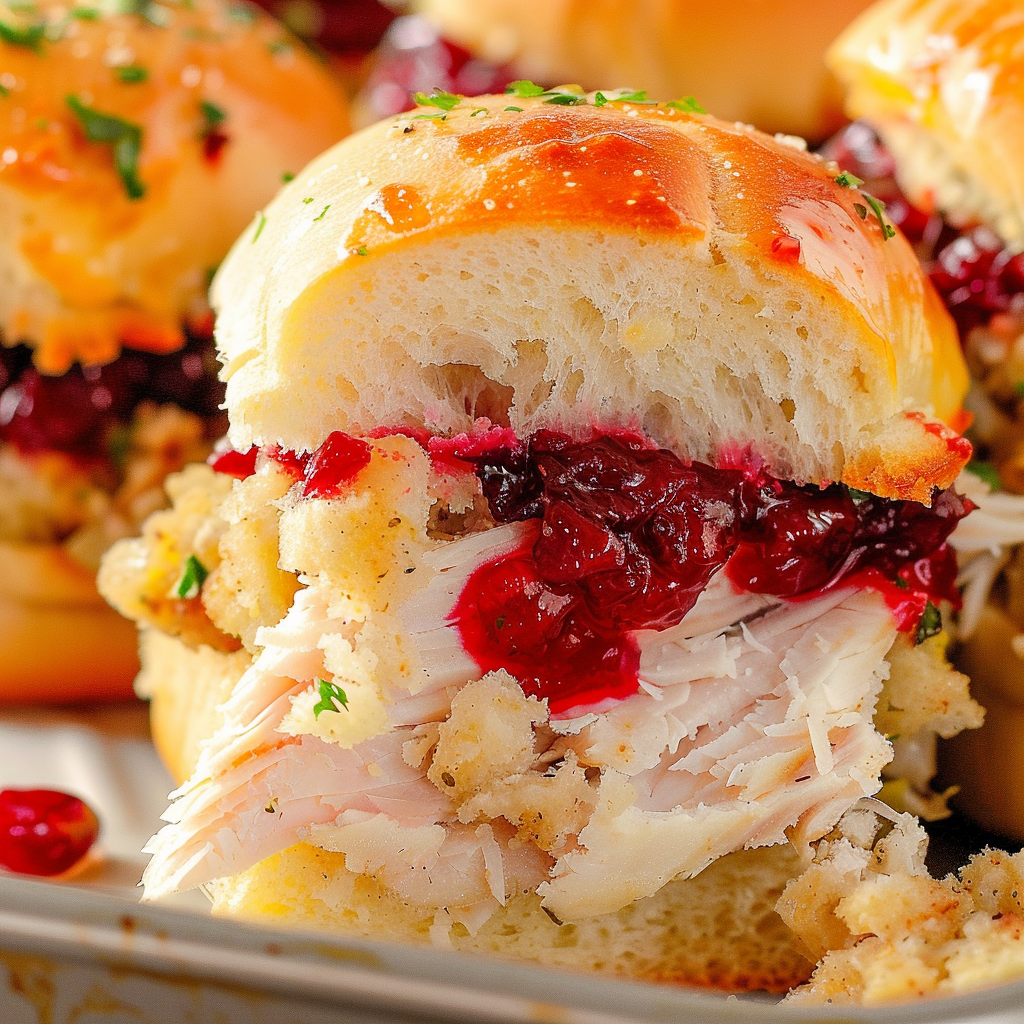 Baked turkey sliders in a casserole dish, golden top