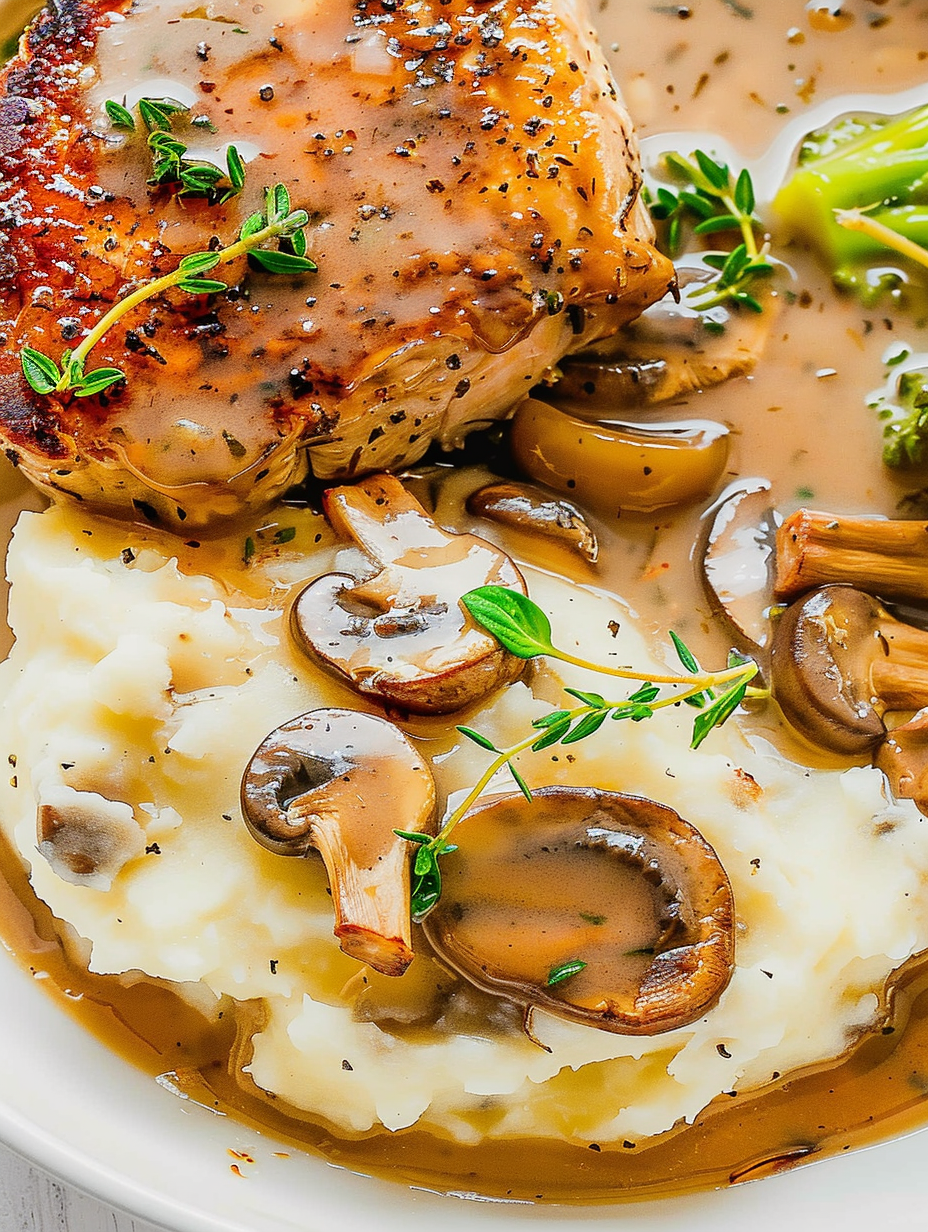 Finished mushroom gravy in a serving bowl