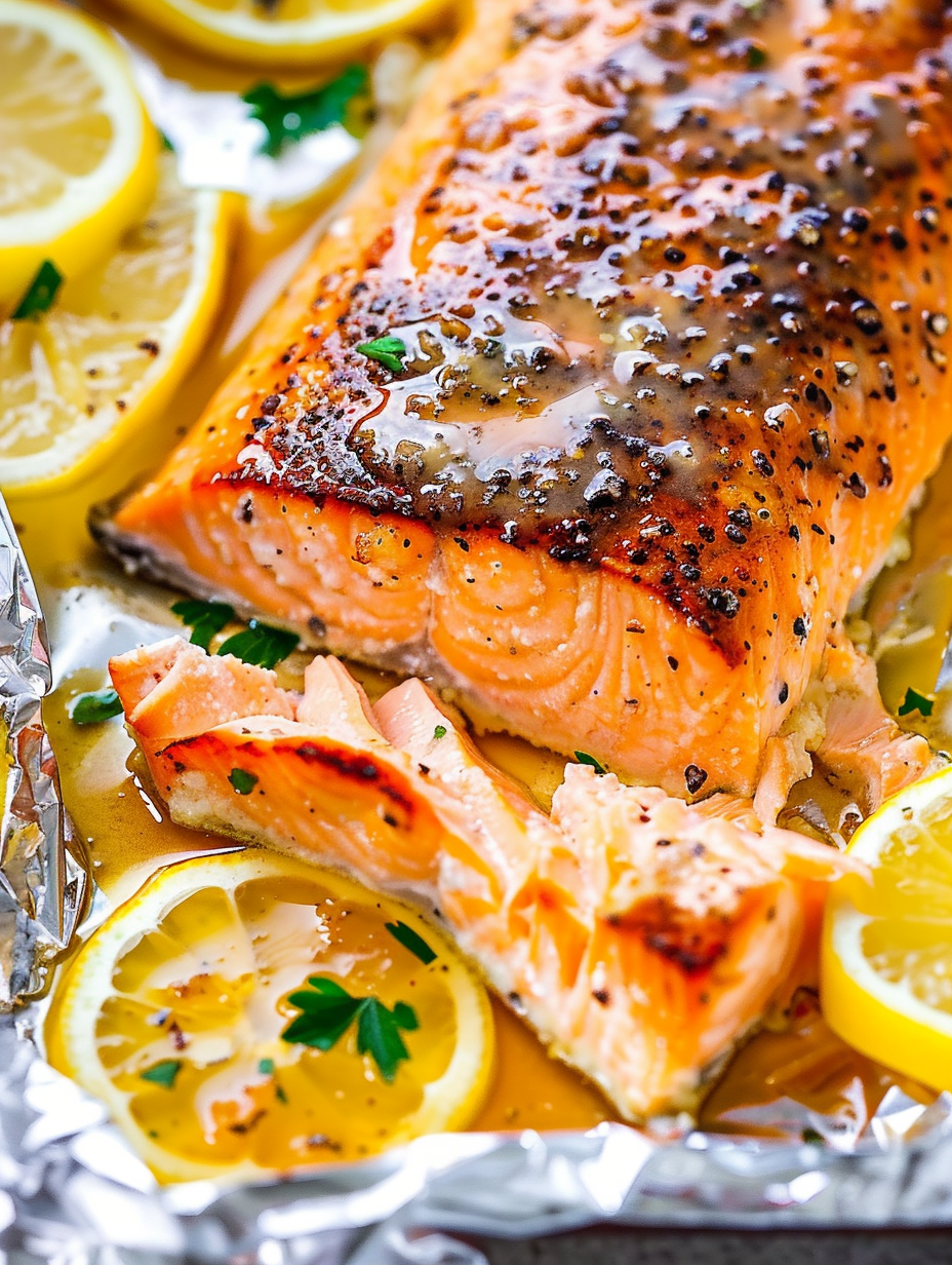 Served lemon garlic butter salmon with garnish