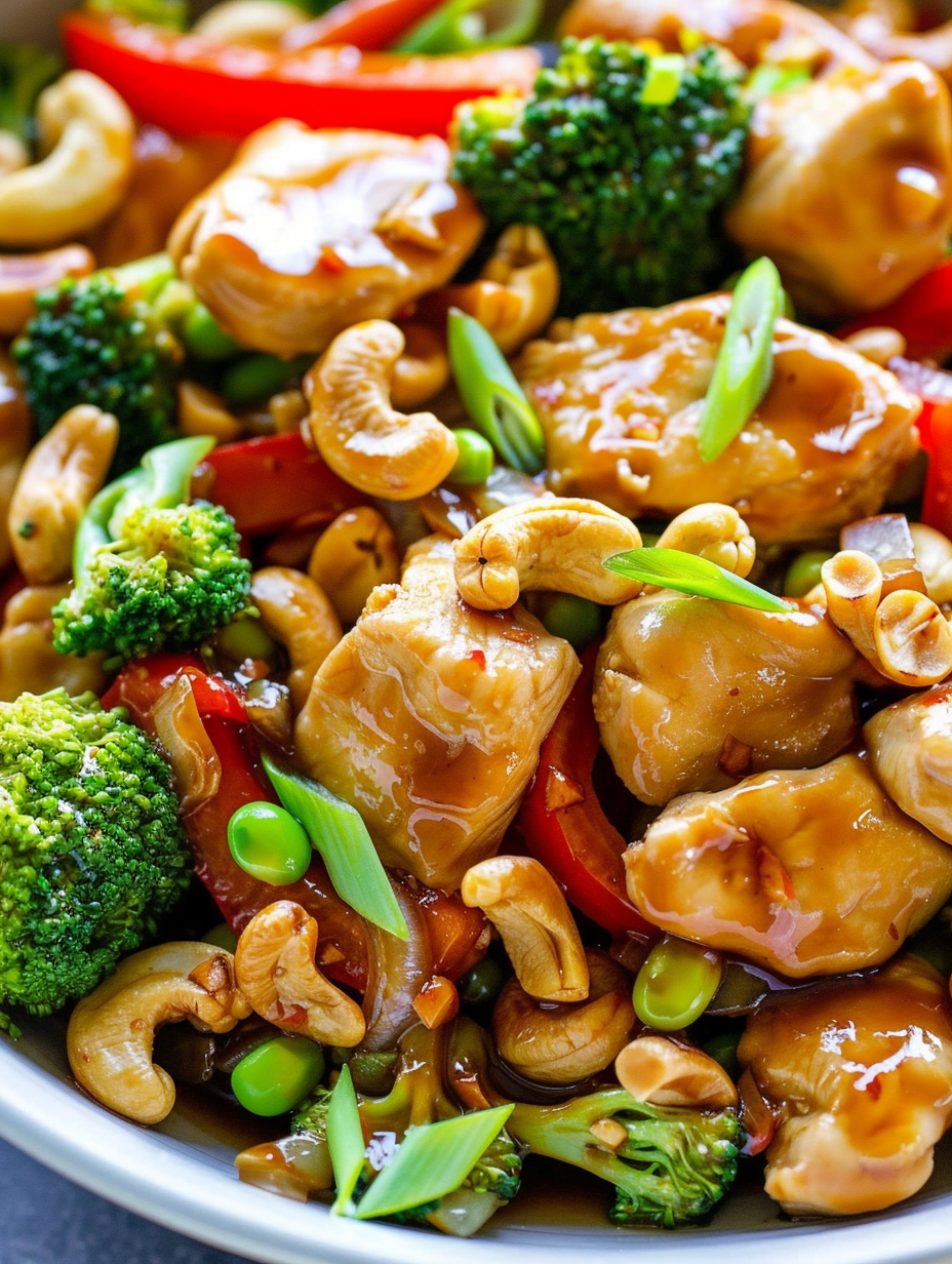 Served cashew chicken on a plate with rice and scallions