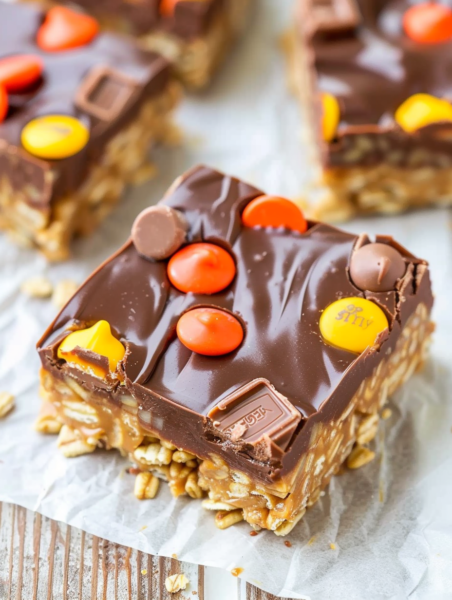 Chocolate peanut butter bars cooling in pan