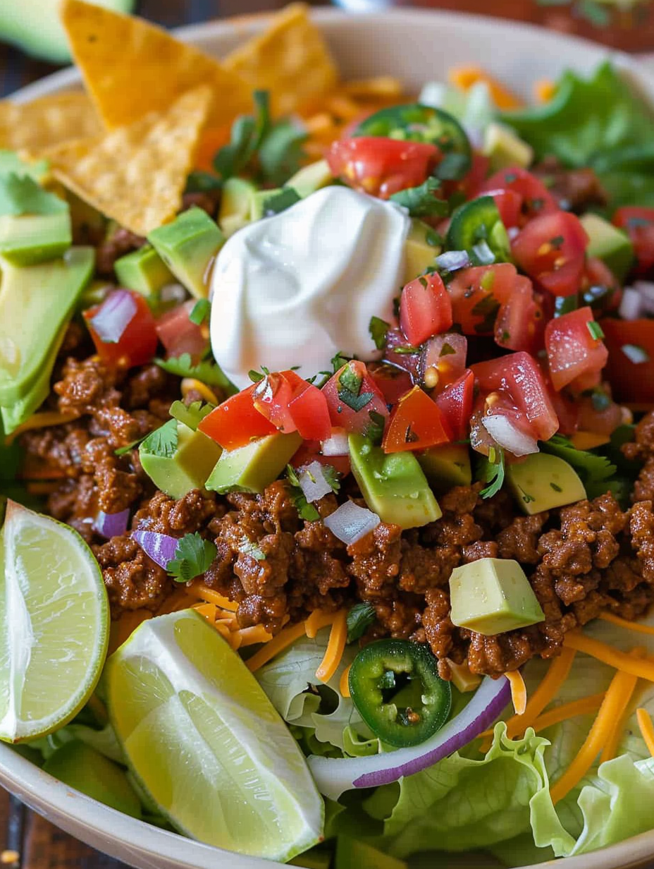 Taco salad in a bowl with seasoned beef and avocado
