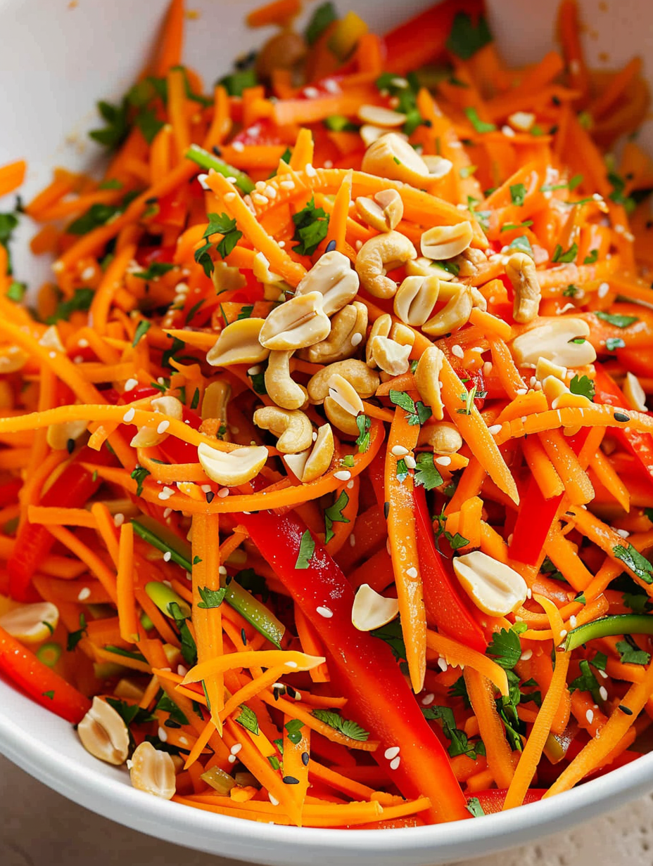 Closeup of dressing being poured over julienned carrots