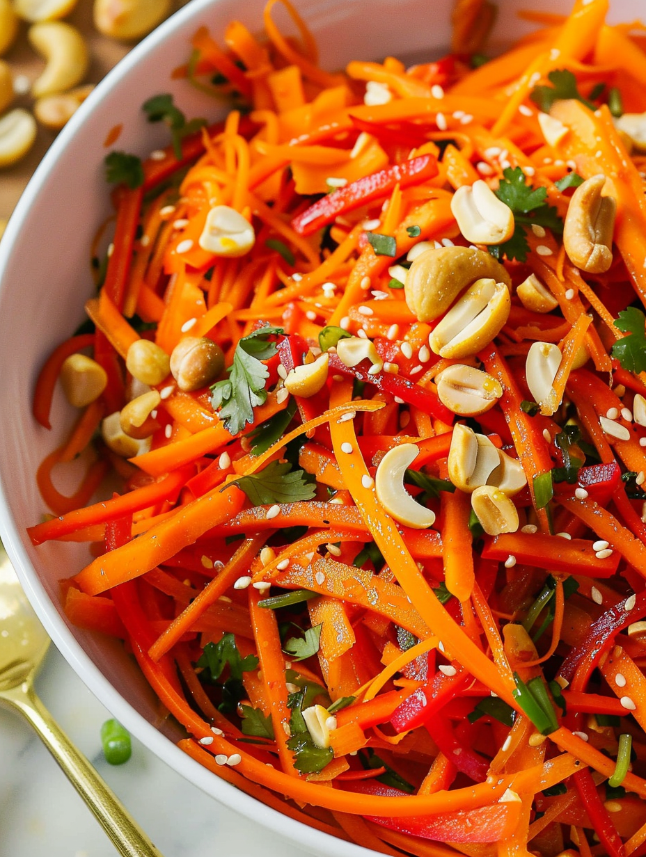 Bright bowl of Korean carrot salad with peppers and cashews