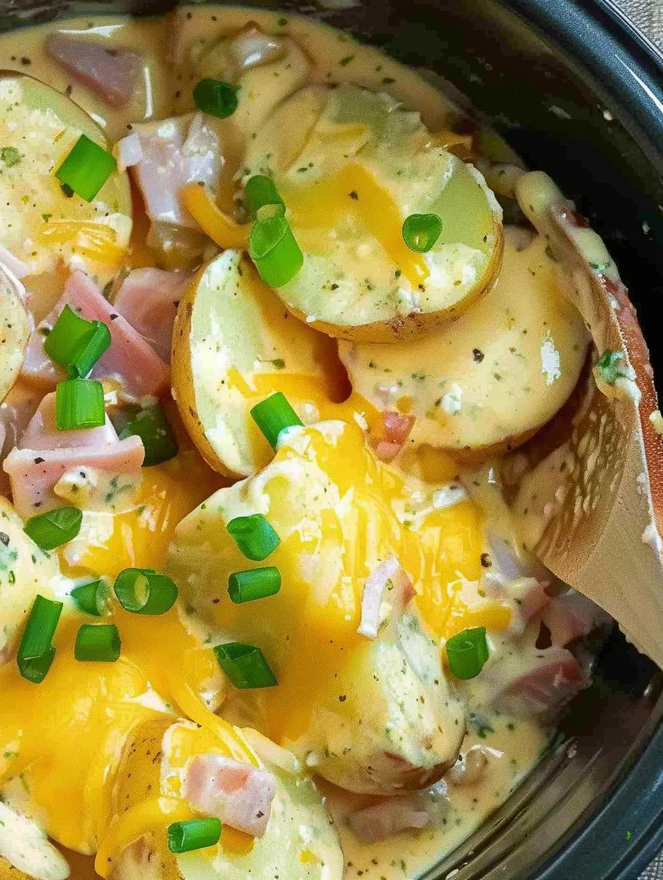 Slow cooker filled with creamy ham and potato layers