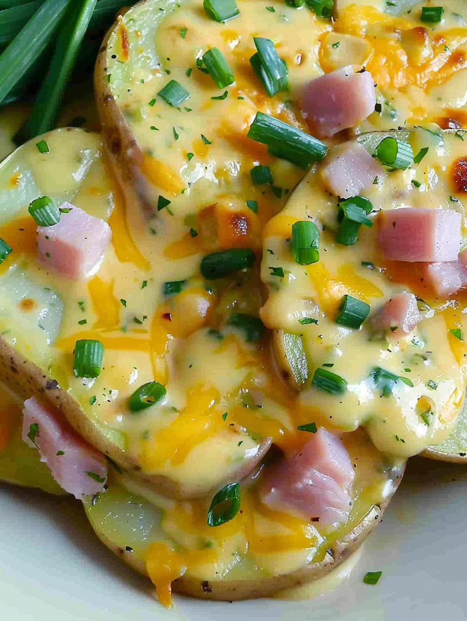 Close-up of creamy potato slices topped with melted cheddar