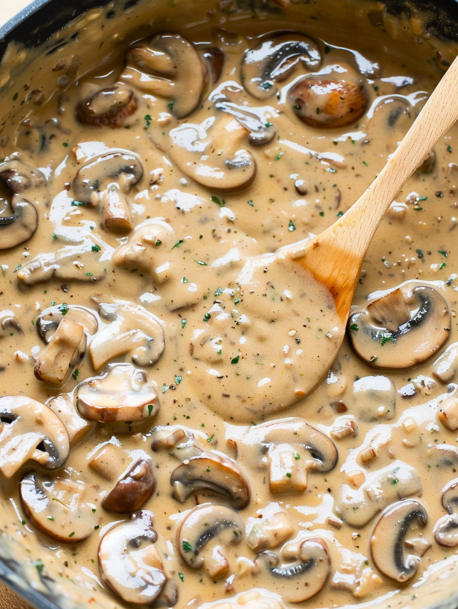 Creamy mushroom gravy in a skillet