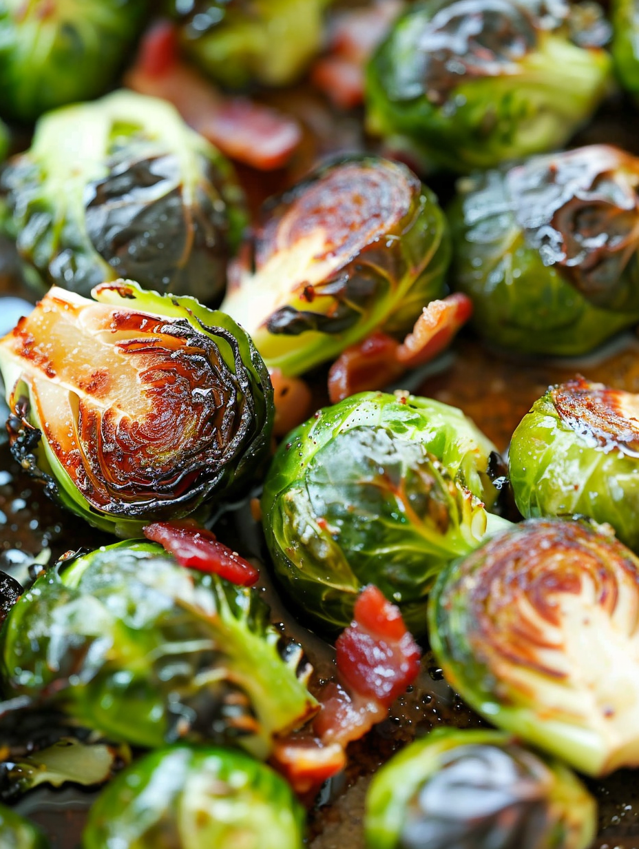 Close-up of caramelized Brussels sprouts with bacon