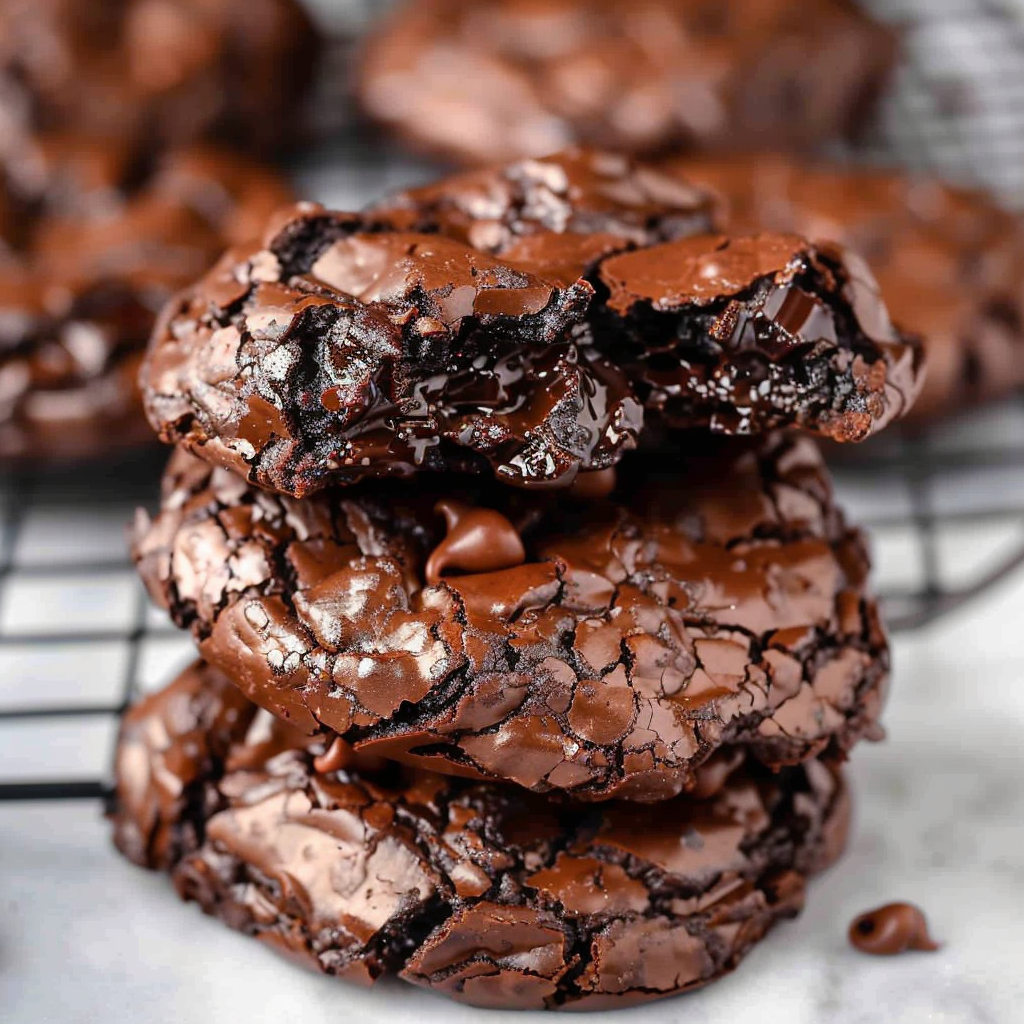 Close-up of a fudgy flourless cookie with chocolate chips