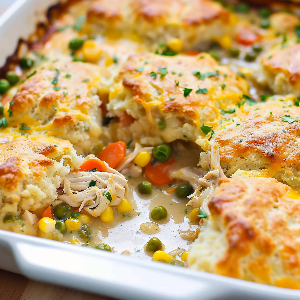 Chicken Pot Pie Casserole with Cheesy Biscuits