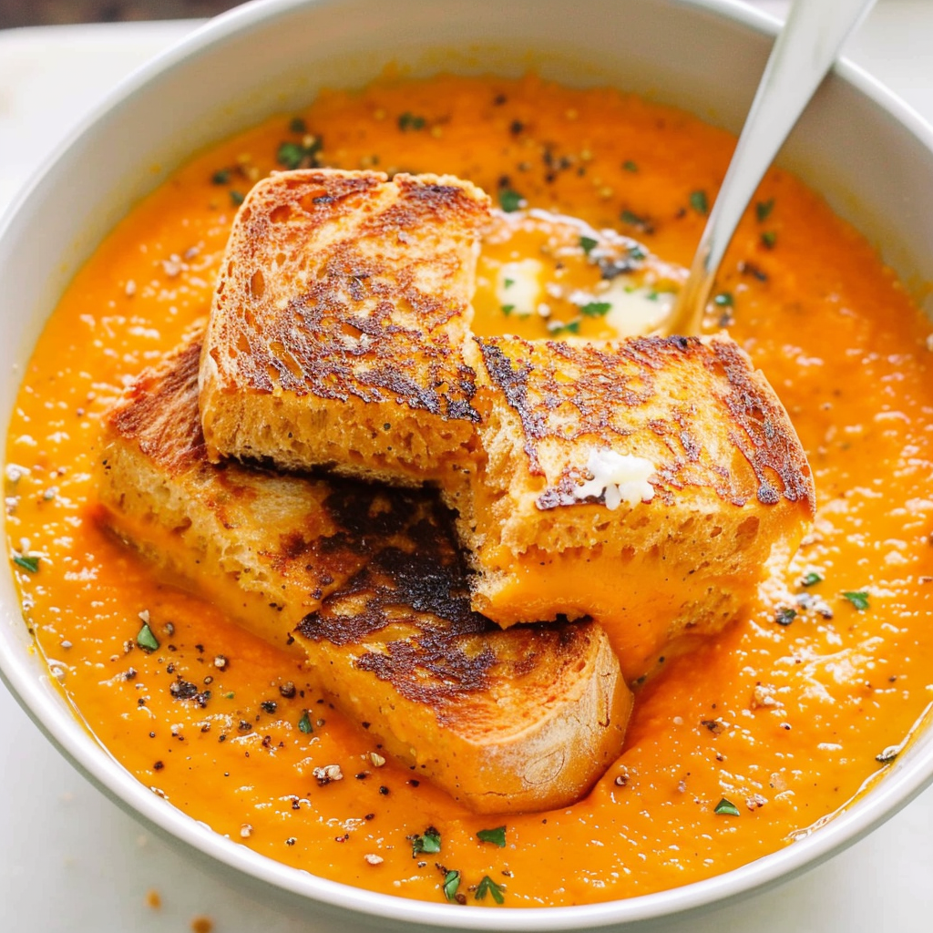 Spicy Pumpkin Soup with Grilled Cheese Croutons