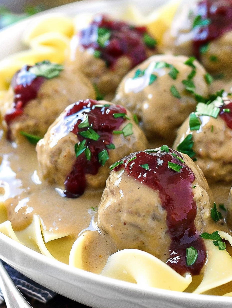 Swedish meatballs served over egg noodles