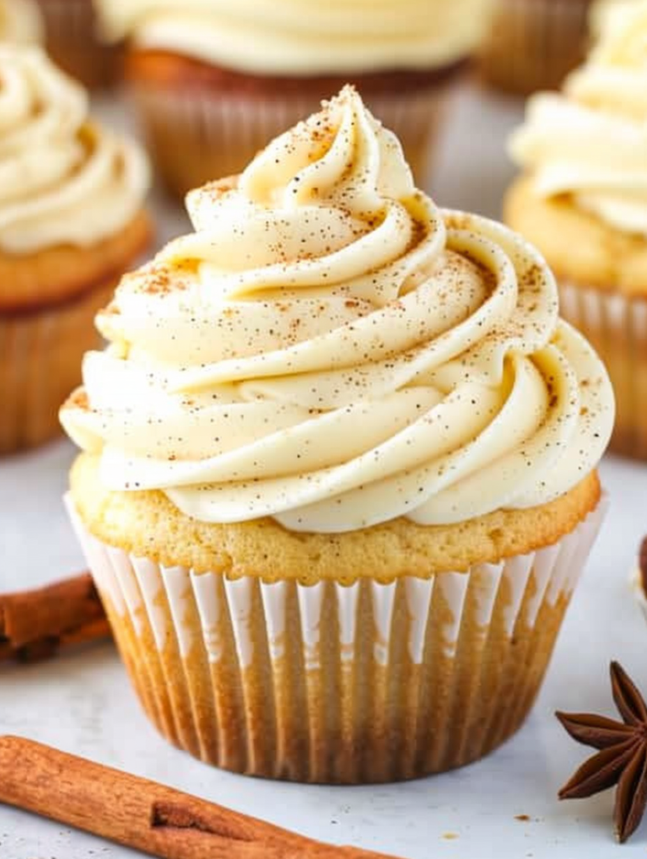 Eggnog cupcake on a cooling rack with nutmeg dusting