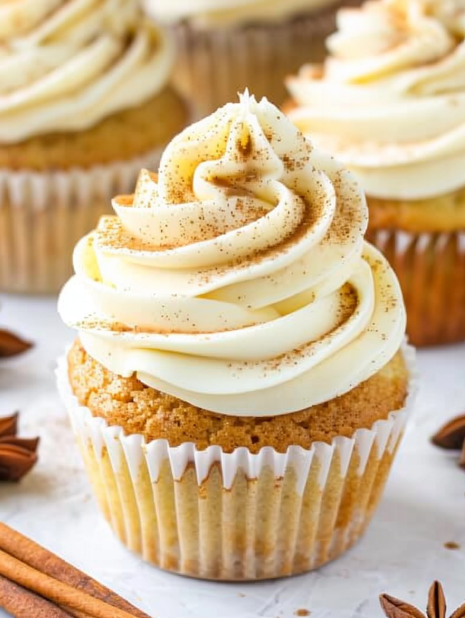Close-up of frosted eggnog cupcakes with nutmeg