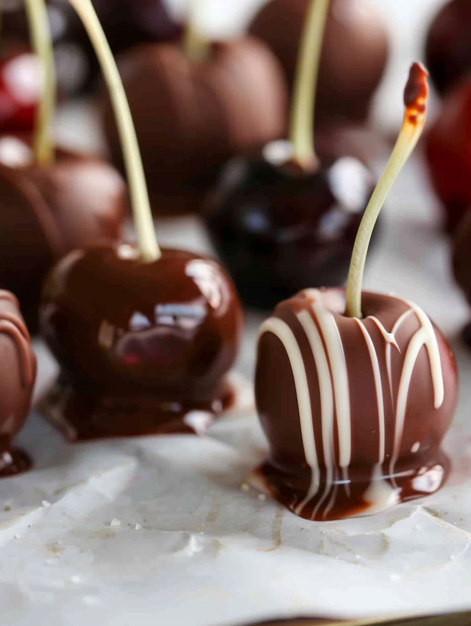 Chocolate dipped cherries on parchment