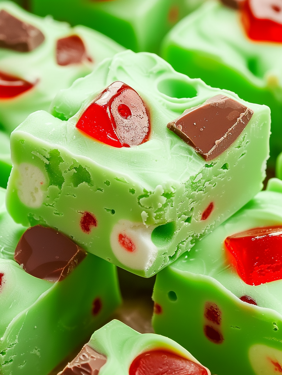 Grinch fudge in an 8x8 pan with red gumdrops on top