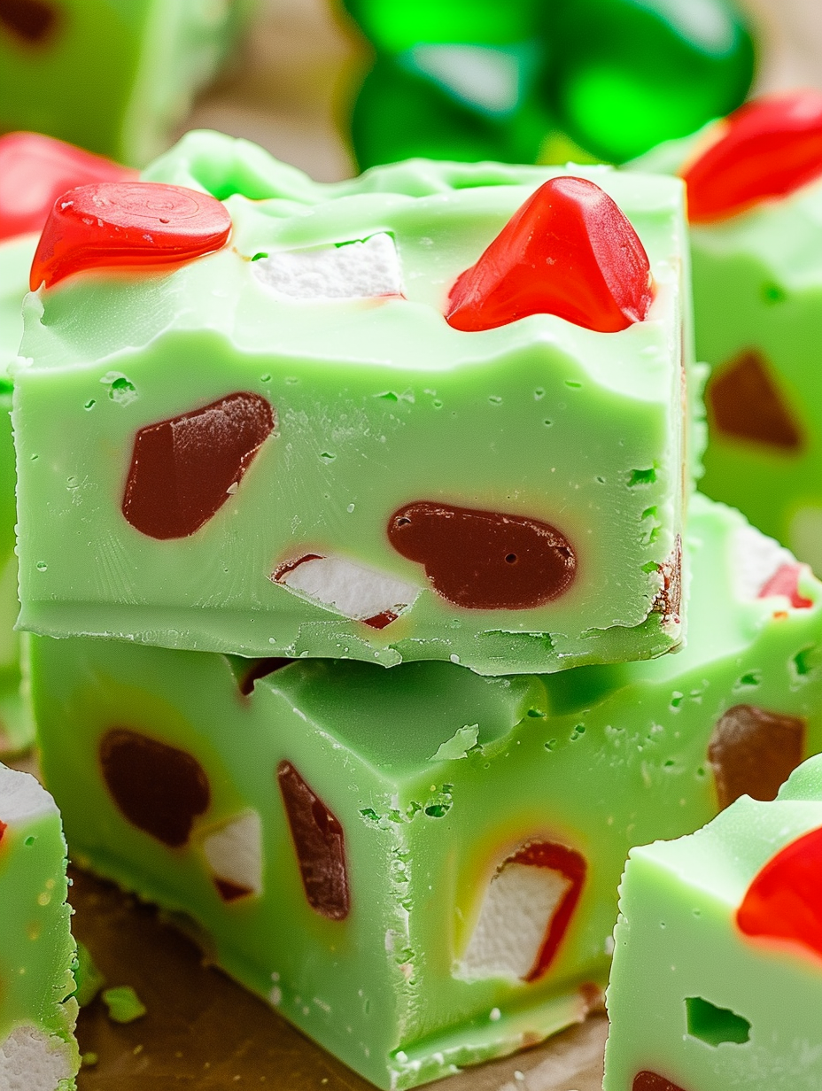 Close up of a cut Grinch fudge square with gumdrop pieces