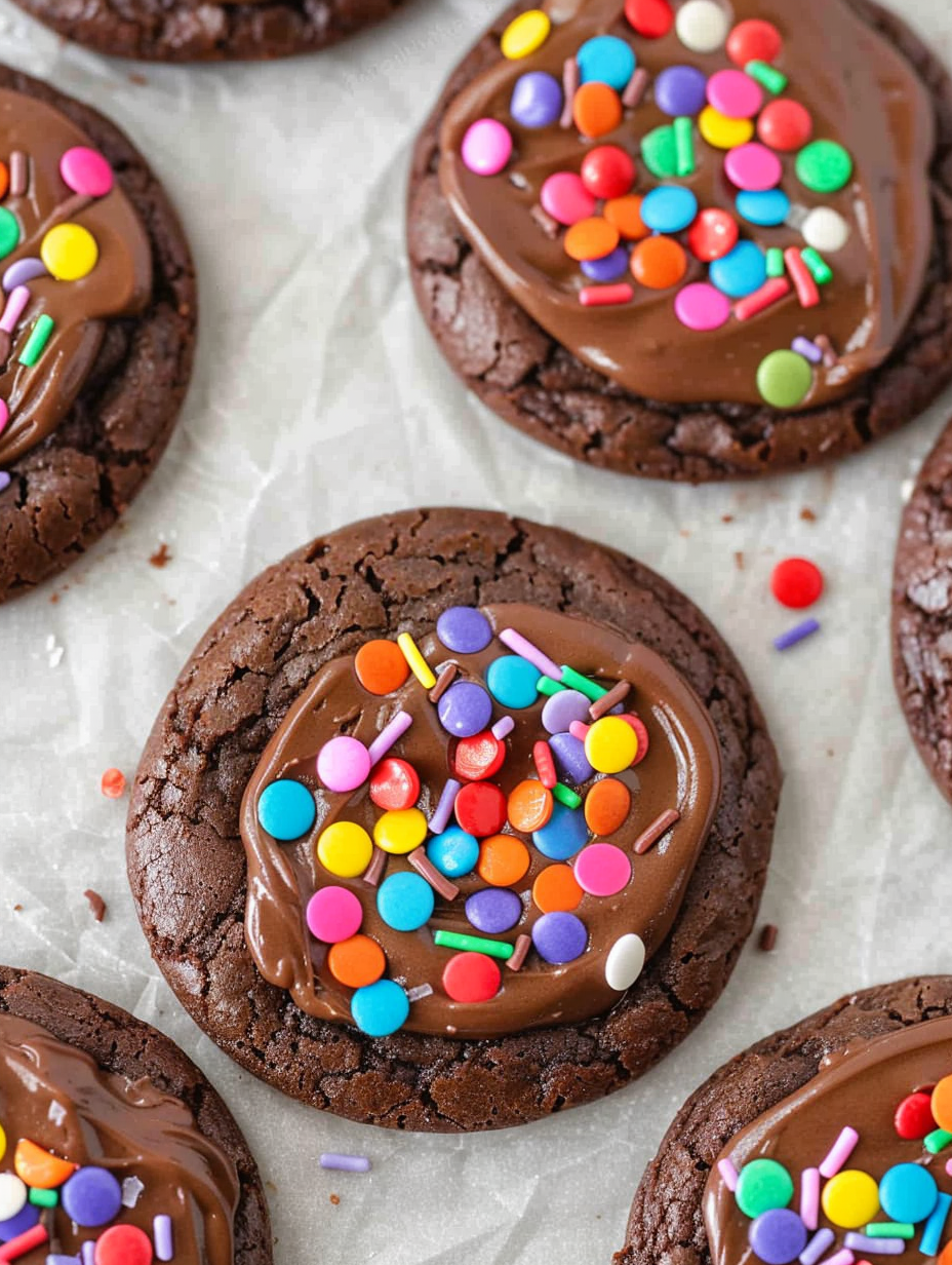 Close-up of a frosted brownie mix cookie with rainbow sprinkles