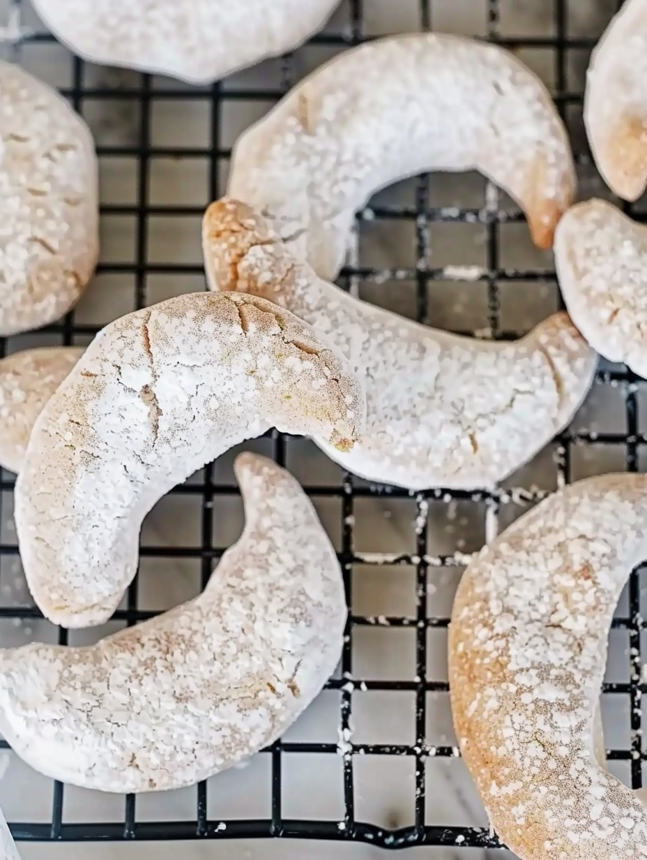 Plate of finished almond crescent cookies dusted with vanilla sugar