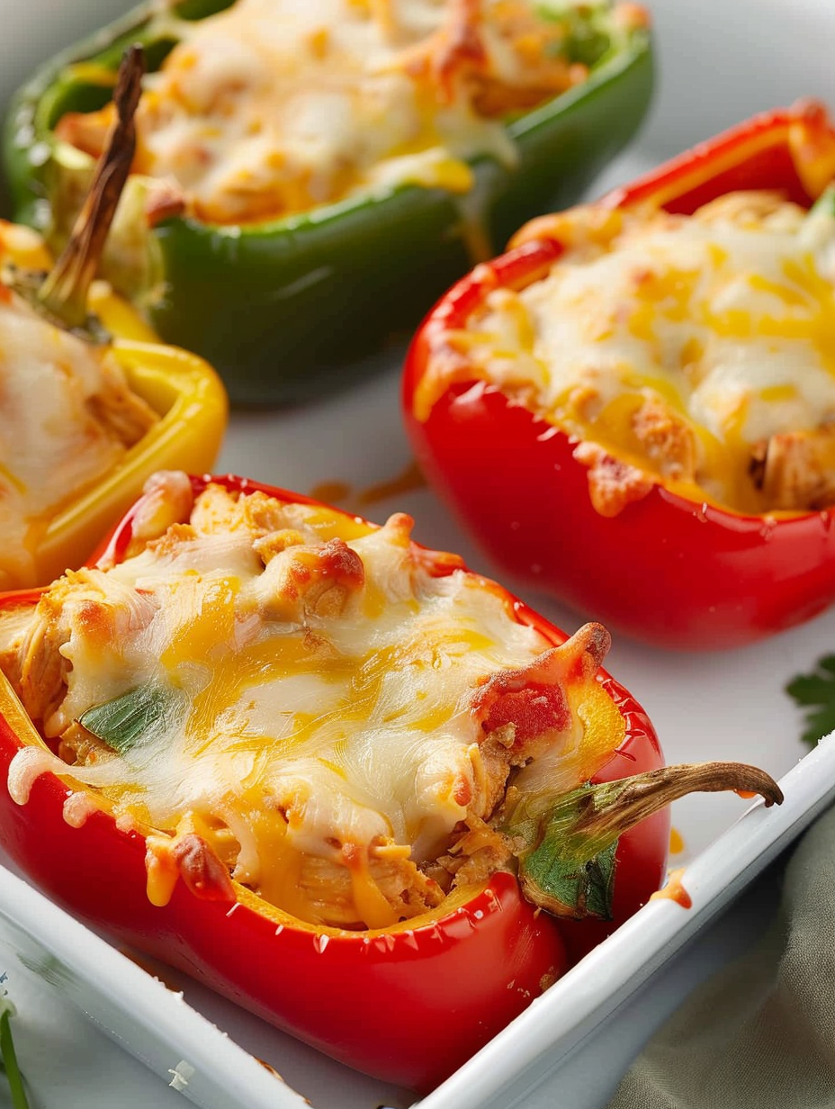 Chicken stuffed bell peppers in a casserole dish