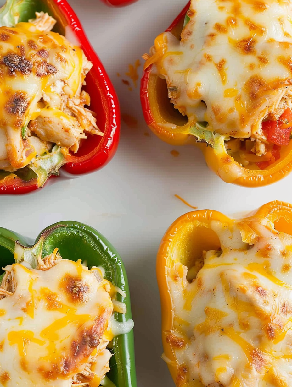 Close-up of cheesy chicken filling in a pepper half