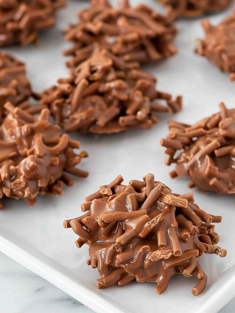 Close-up of chocolate haystack cookies on parchment
