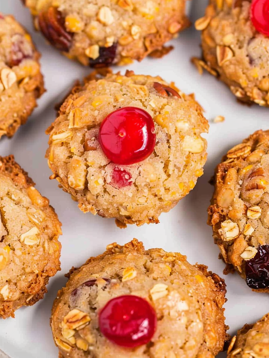 Close-up of cornflake-coated Cherry Wink Cookie