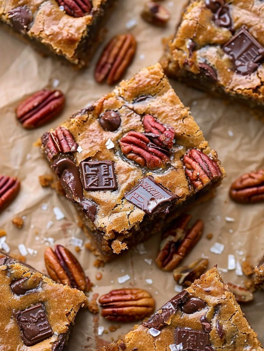 Brown butter bourbon pecan blondies in pan