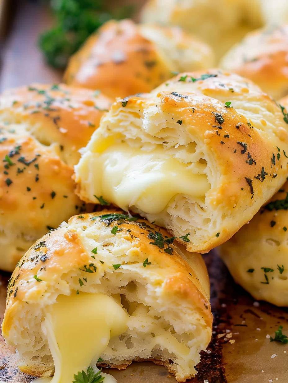 Close-up of a stuffed biscuit with melted cheese pull