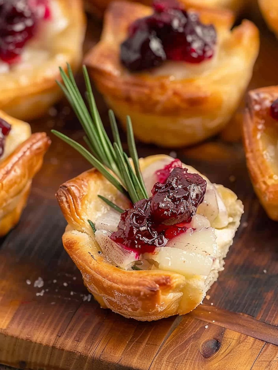 Close-up of a single Cranberry Brie Bite topped with rosemary - user provided content image 2