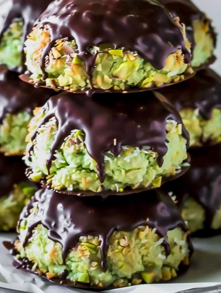 Freshly baked pistachio coconut macaroons on a baking sheet