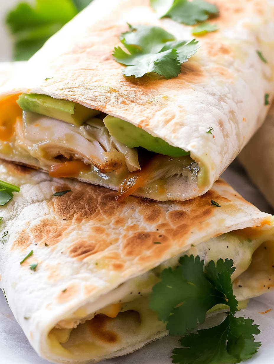 Baked Avocado Chicken Burritos on a baking sheet