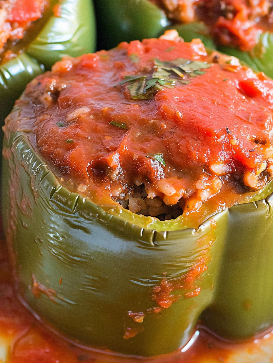 Baked stuffed green bell peppers in a casserole dish