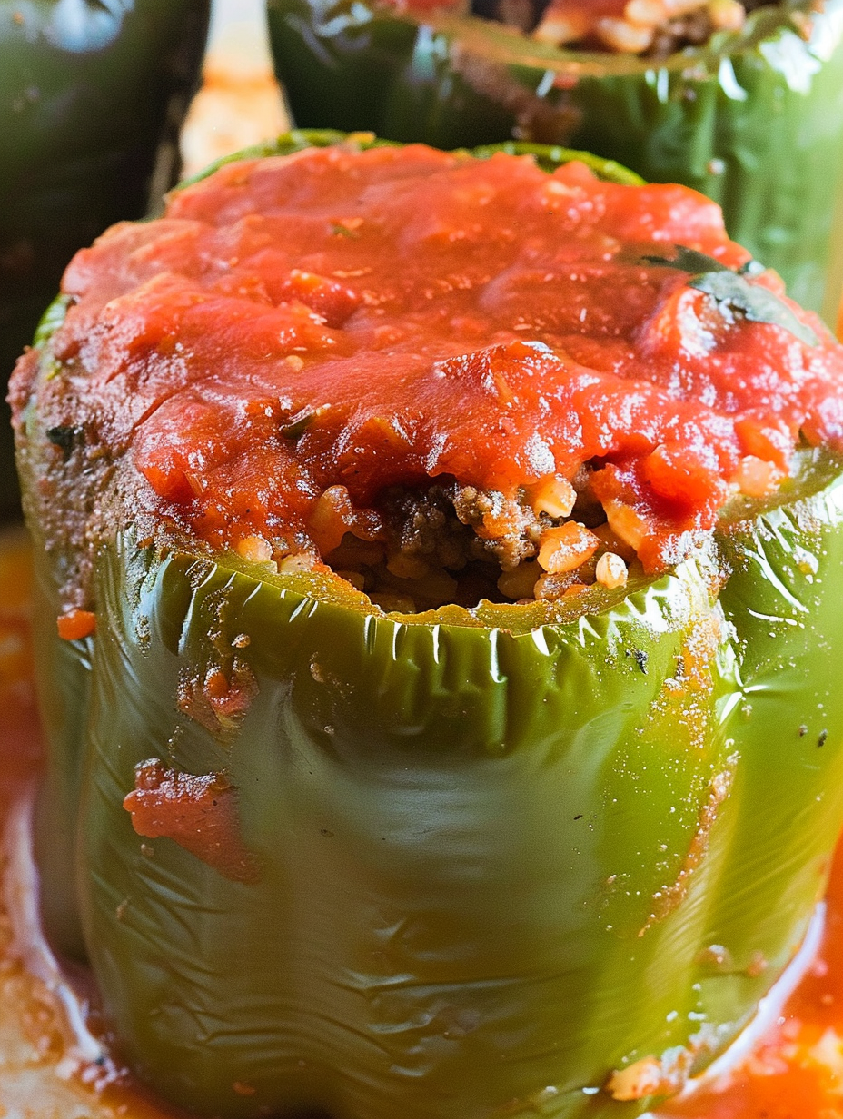 Close up of a stuffed pepper cross-section showing rice and beef filling