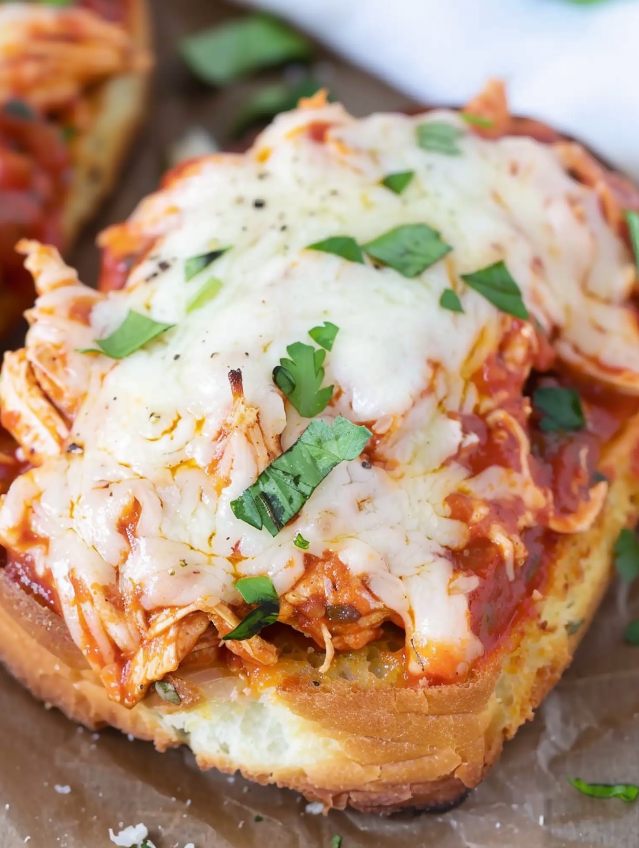 Close up of melted mozzarella and Parmesan on toasted garlic bread