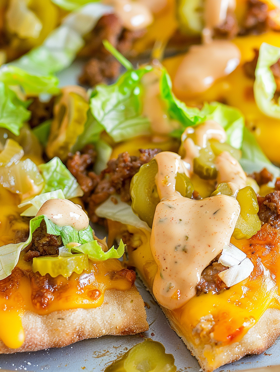 Big Mac Pizza with melted cheese and pickles