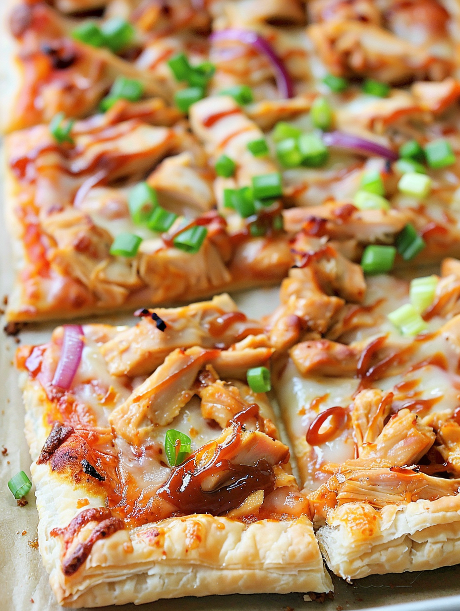 Puff pastry BBQ chicken pizza on parchment