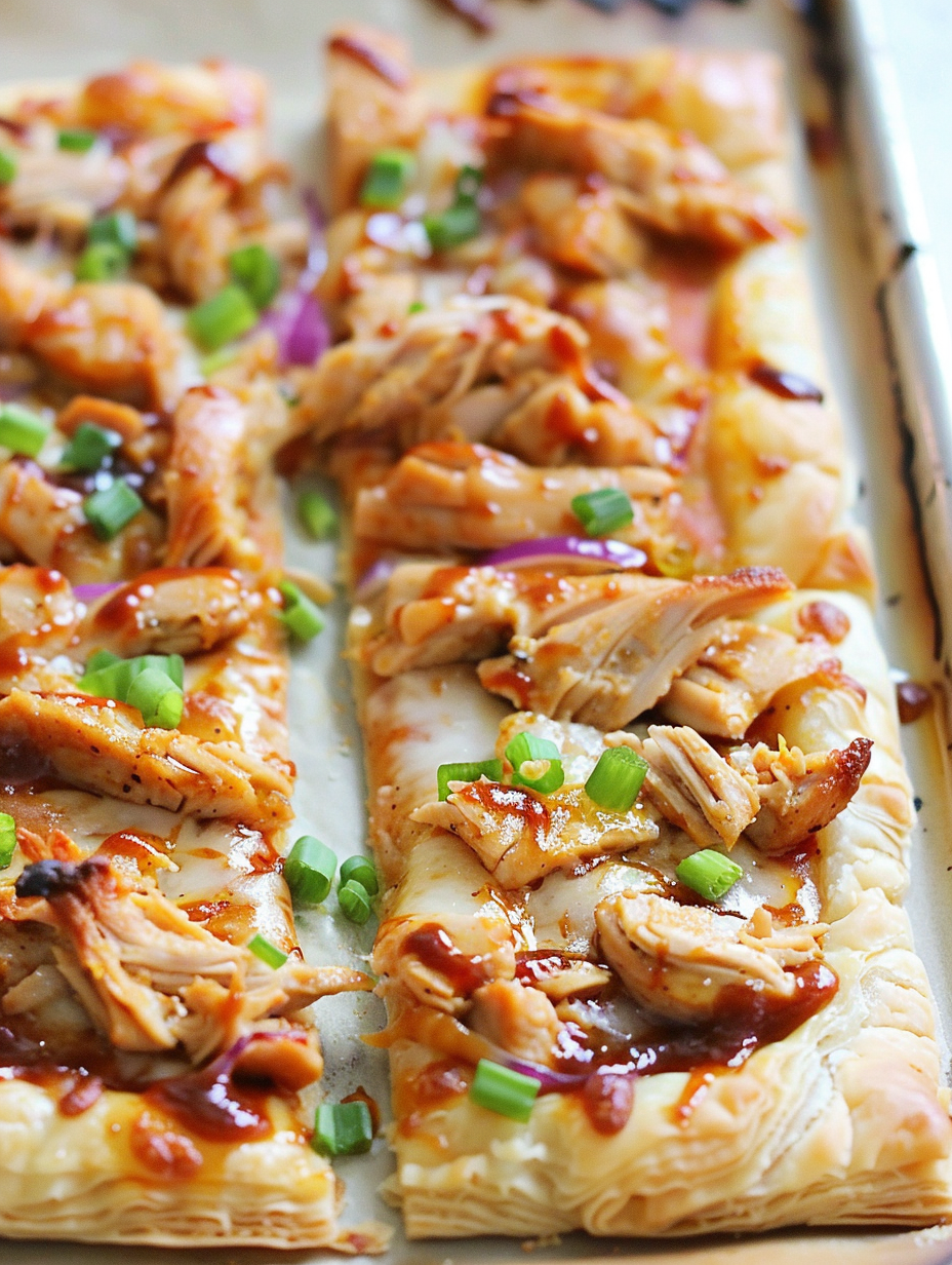 Slices of BBQ chicken puff pastry pizza with green onions