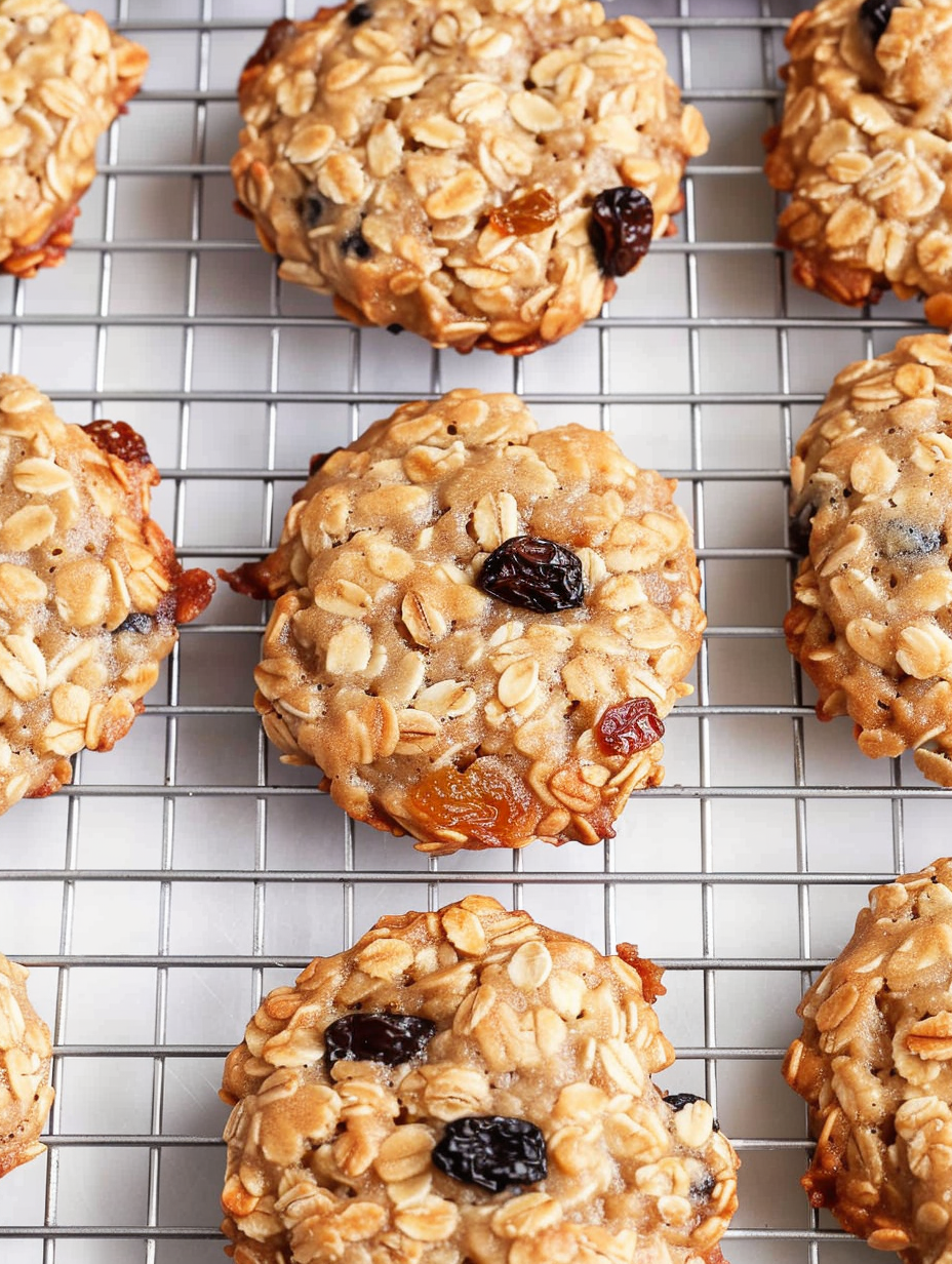 Tray of oatmeal raisin cookies on parchment