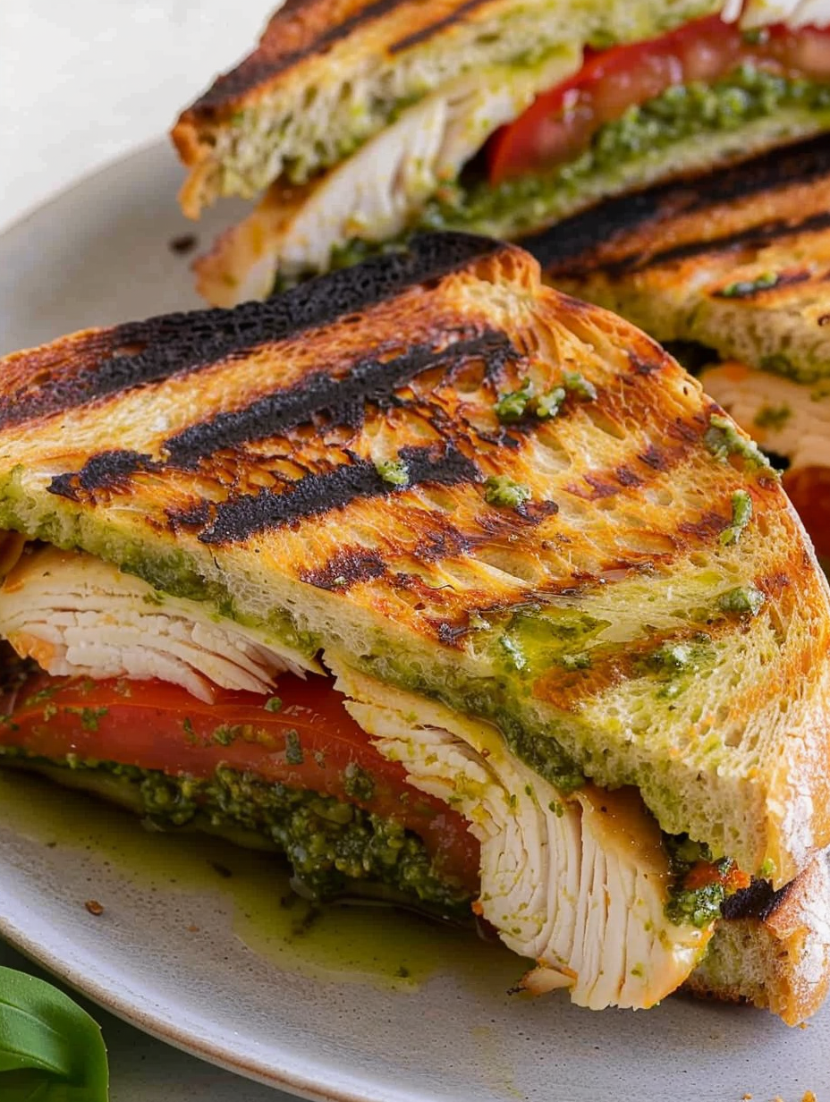 Chicken pesto panini with melted mozzarella