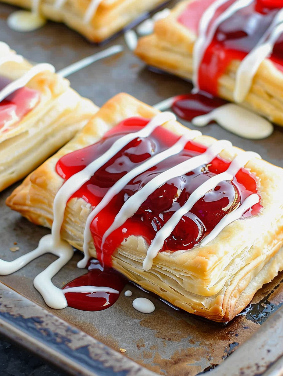 Cherry Danish on a cooling rack with glaze drizzle