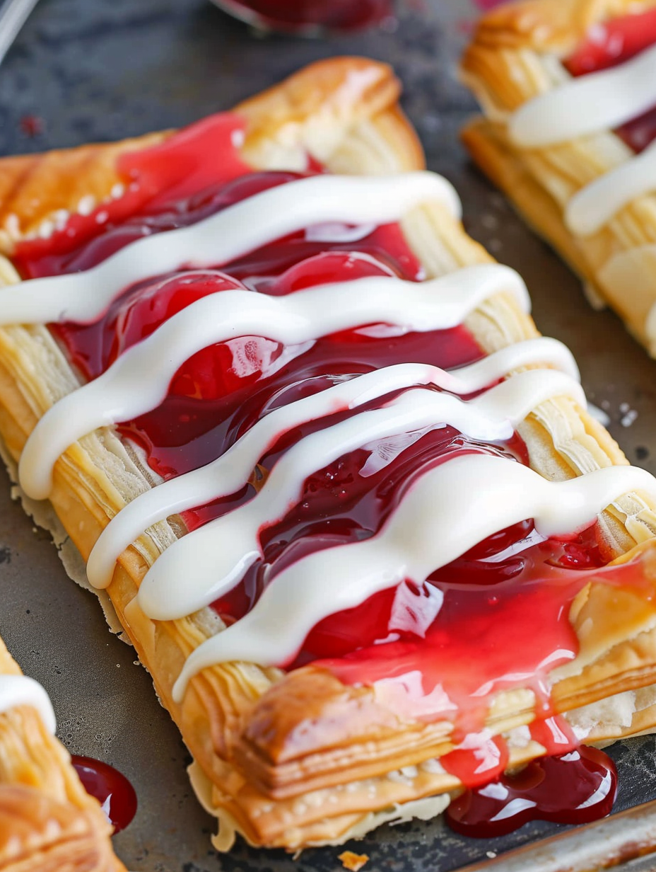 Close up of a Cherry Danish slice showing layers