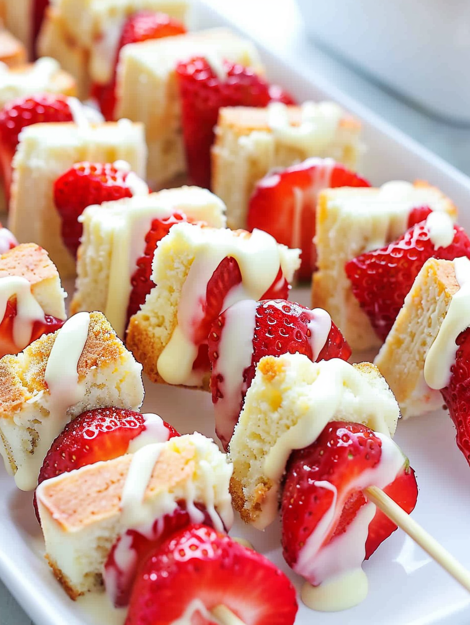 Strawberry shortcake kabobs on skewers with drizzle