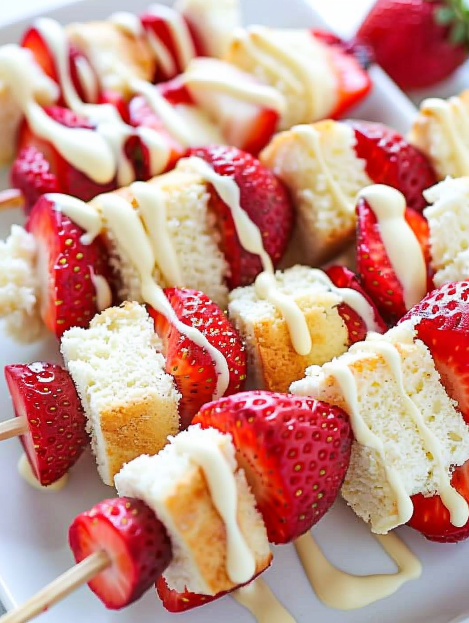 Close up of strawberry cubes and white chocolate drizzle
