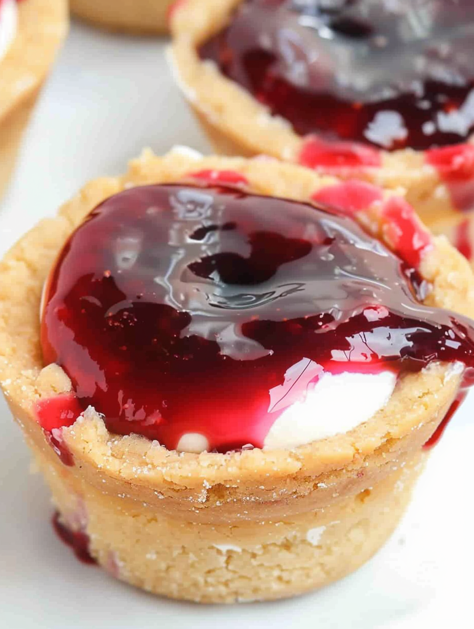 Cherry topped cheesecake cups arranged on a tray