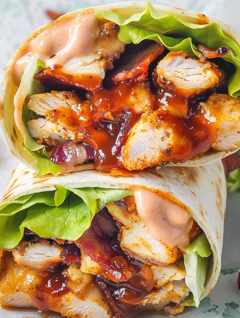 Assembled BBQ chicken wrap on board