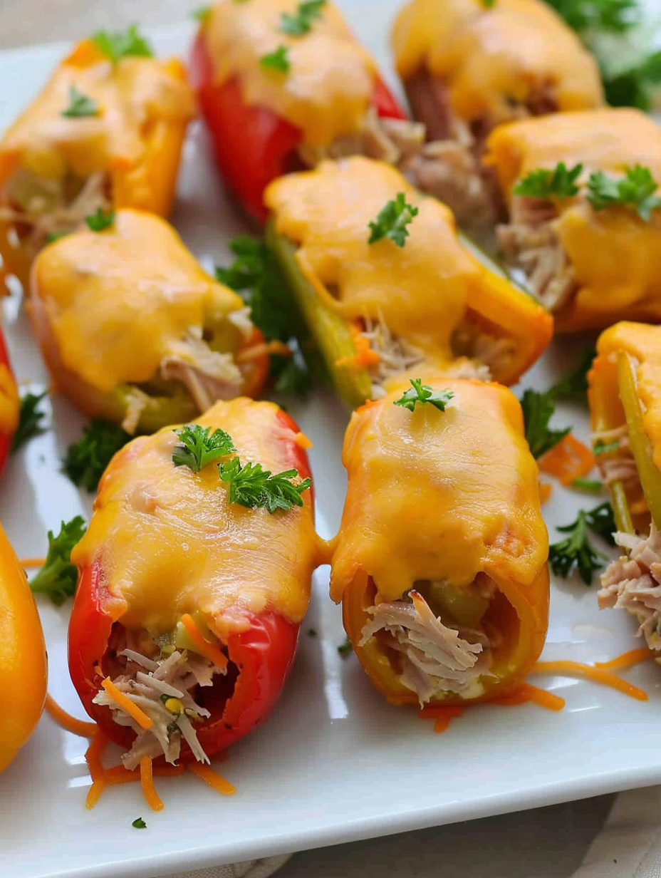 Tuna melt poppers on tray with melted cheese